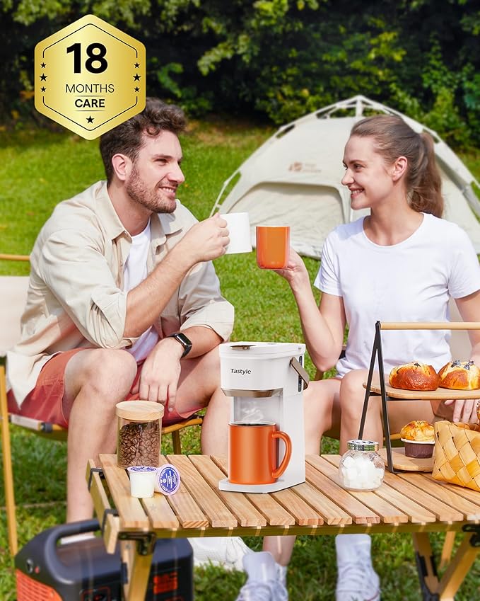 Tastyle Single Serve One Cup Coffee Maker, for K Cups and Grounds, Mini Coffee Maker with Portable Handle, 6 to 12 Oz Brew Size, for Travel, Camping, Office, RV and Dorm, 120V, White and Brown