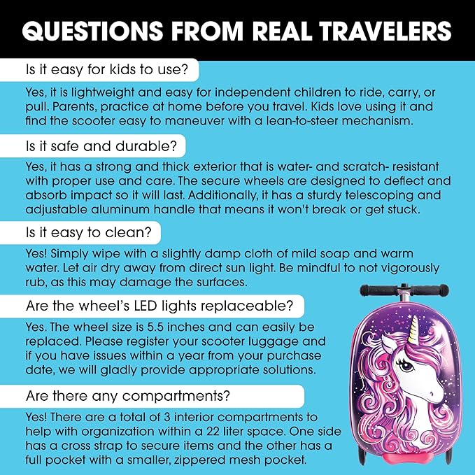 KIDDIETOTES Ride-On Scooter Suitcase for Kids – Hardside Lightweight Carry-On Luggage with Foldable Scooter, LED Wheels, Travel Fun for Toddlers & Children