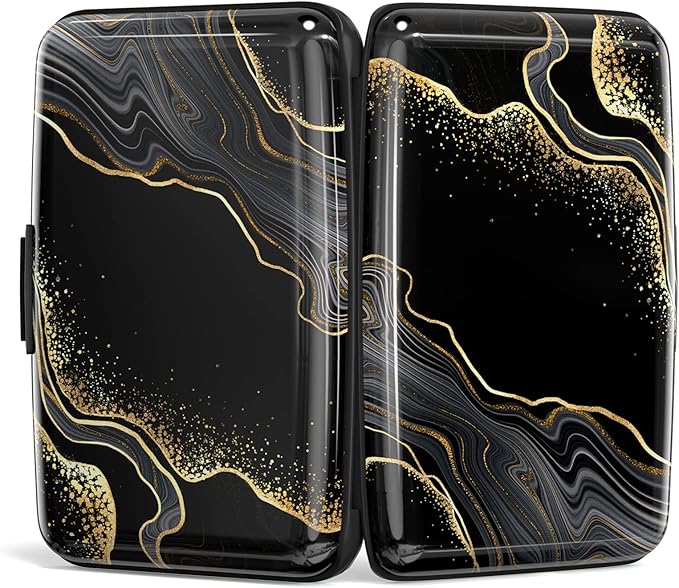 Credit Card Holder, Mini Aluminum Card Wallet RFID Blocking Slim Metal Hard Card Case for Women Men, Black Gold