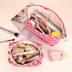 SOIDRAM 2 Pieces Makeup Bag Large Checkered Cosmetic Bag Capacity Canvas Mix Travel Toiletry Bag Organizer Cute Makeup Brushes Aesthetic Accessories Storage Bag for Women, Checkered Mix Rose Red