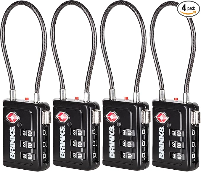 Brinks TSA Accepted Indicator Luggage Lock, Black - Resettable 3-Dial Combination, 2.5 inch Long Cable Shackle, New More Secure TSA008 Key, 4 Pack