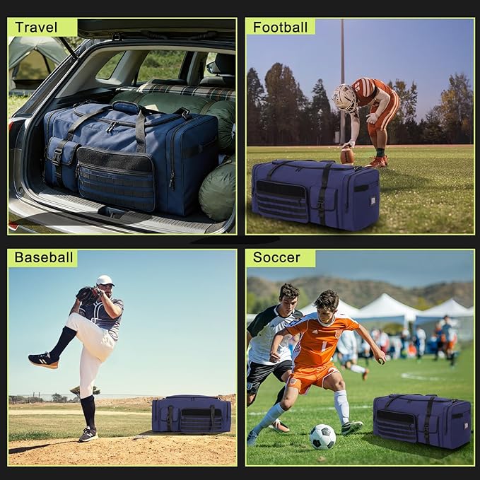 100L Sports Duffle Bag – 32" Large Gear Bag for Men & Youth, Baseball, Soccer & Track Equipment, Heavy Duty Travel Weekender & Flight Duffel with Large Side Pockets (Blue)