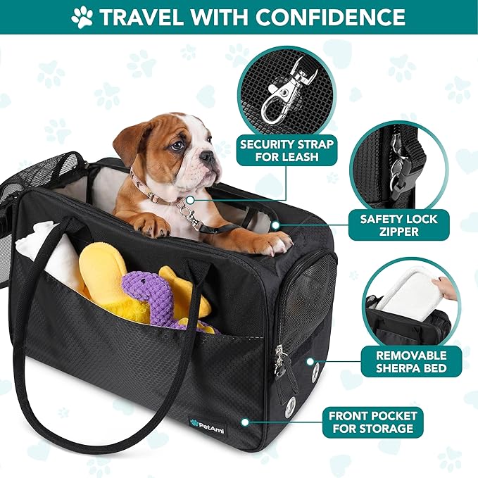 PetAmi Dog Purse Carrier for Small Dogs Cats, TSA Airline Approved Soft-Sided Pet Carrier with Pockets, Ventilated Travel Tote Bag with Bed & Shoulder Strap, Puppy Kitten, Max 12 lbs, Black