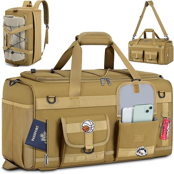 RAINSMORE 3 in 1 Gym Bag for Men, 45L Large Sports Duffle Bag with Shoe Compartment and Wet Pocket, Water-Resistant Tactical Backpack Carry On for Travel, Workout & Military Gear, Khaki