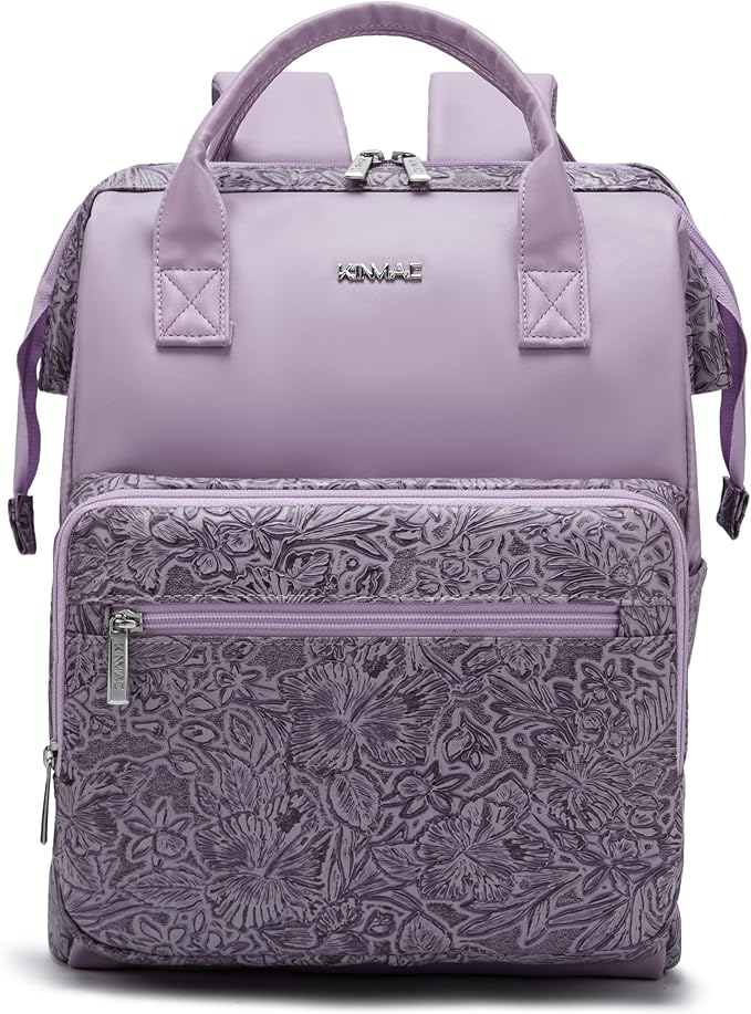 Kinmac Wide Open Style Laptop Backpack for Laptop Up to 15.6 Inch Men Women Travel Outdoor Backpack (Purple Flower PU)