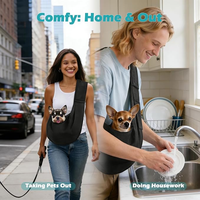 Pawaboo Small Dog Sling Carrier, Reversible Hands Free Dog Sling Carriers for Small Dogs and Cats, Puppy Slings Carrier with Safety Harness, Puppy Essentials, Black