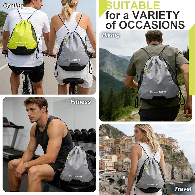 Waterproof Drawstring Backpack for Men/Women, Lightweight Sports Bag for Gym, Beach, Swim, Hiking, Running & Cycling, Anti-Stain with Quick-Access Mesh Pocket, Gray 14.2"×2.8"×17.7"