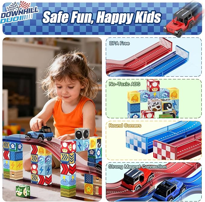 Magnetic Tiles Race Track Set, 52PCS STEM Educational Magnetic Building Blocks with 2 Race Cars, Montessori Sensory Travel Toys for Kids 3 4 5 6 7 8, Birthday for Boys & Girls