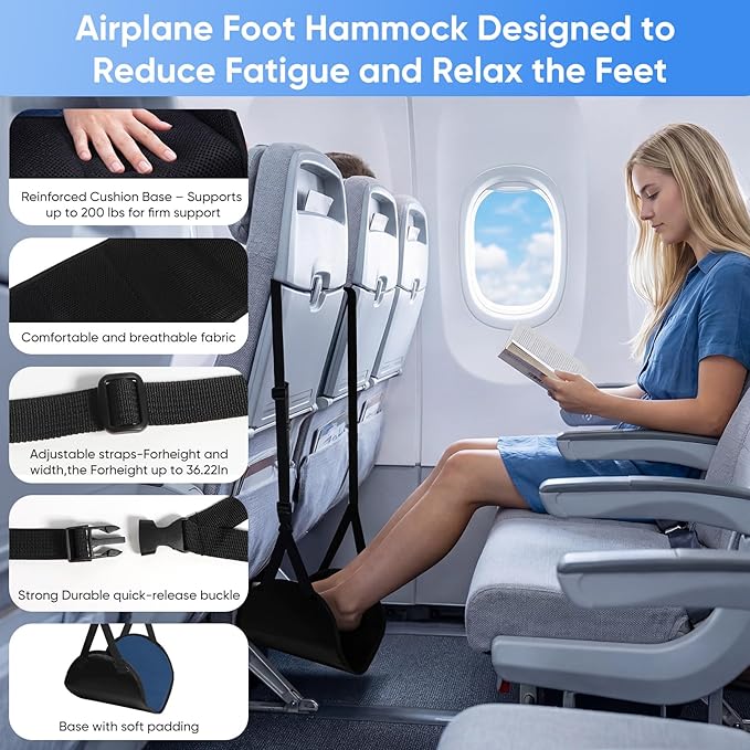 Airplane Foot Hammock, 2-Pack Travel Essentials Foot Rest for Plane Travel with Adjustment Strap, Long Flight Must Haves