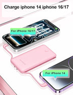 miisso Ultra Slim 10000mAh Power Bank Built-in Cables and Foldable AC Wall Plug, Pocket Size USB C Portable Charger, External Battery Pack Compatible with iPhone Samsung, Pink