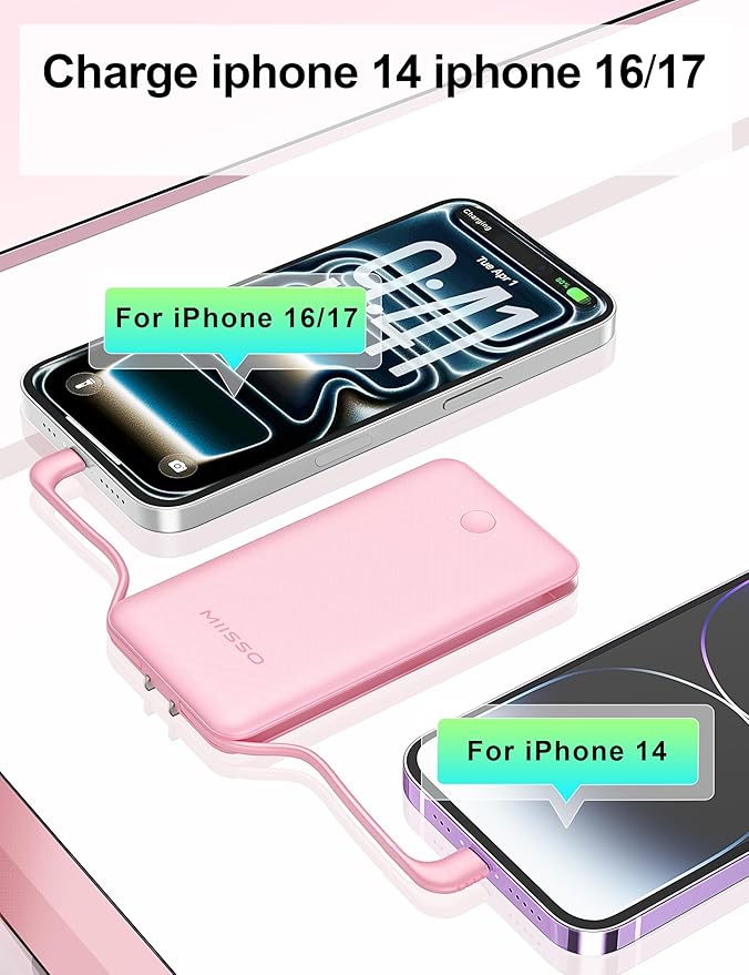 miisso Ultra Slim 10000mAh Power Bank Built-in Cables and Foldable AC Wall Plug, Pocket Size USB C Portable Charger, External Battery Pack Compatible with iPhone Samsung, Pink