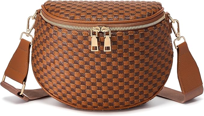 Trendy Woven Checkered Crossbody Bum Bag for Women，PU Leather Checkered Purse Fanny Packs Belt Bag (Woven Bum Bag - Brown Coffee)