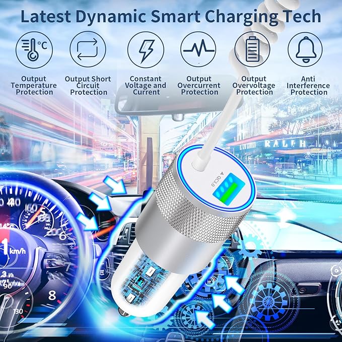 [Apple MFi Certified] iPhone 16 Fast Car Charger, Caiinei 75W PD&QC USB-C Car Power Cigarette Lighter USB-C Car Carplay Charger with 6FT Coiled Type-C Cable for iPhone 16 Pro/16 Pro Max/15/15 Pro/iPad