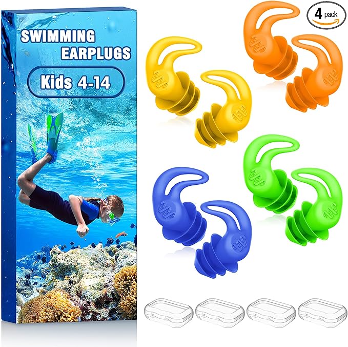 Waterproof Ear Plugs for Swimming Kids - 4 Pairs Reusable Silicone Swimming Ear Plugs for Children Ages 4-14, Keep Ear Water Out, Surfing, Bathing, Water Sports