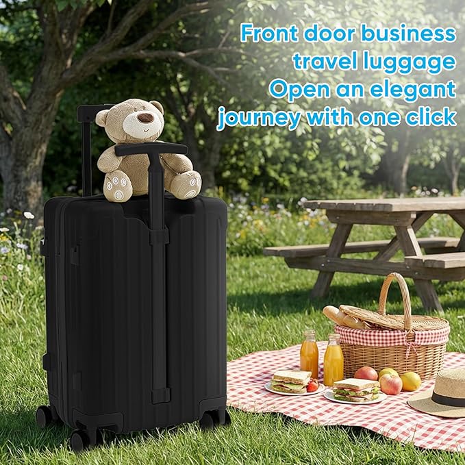 TABU 20" Carry on Luggage with Seat for Kids & Adults，Front-Opening Hardshell Carry On Suitcase with Double Handles & TSA Lock, Black