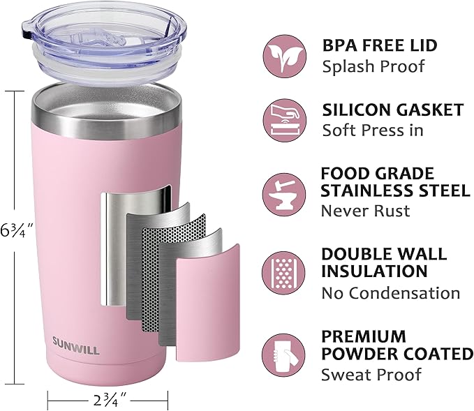SUNWILL Travel Coffee Tumbler 20 oz, Insulated Mug with Lid, Stainless Steel Cup for Hot and Cold Drinks, Powder Coated Sakura