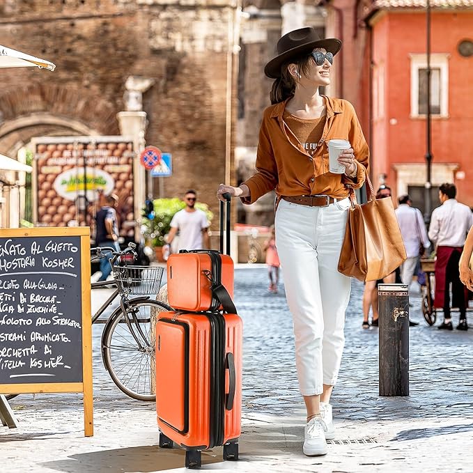 22 Inch Carry On Luggage 22x14x9 Airline Approved, Carry On Suitcase with Wheels, Hard-shell Carry-on Luggage, Orange Small Suitcase, Hardside Luggage Carry On with Cosmetic Carry On Bag
