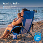 DUMOS Low Beach Chair for Adults, Lightweight Folding Beach Chair with Cup Holder, Storage Bag, Breeze Mesh Back, Padded Armrests, Compact Low Profile Chair for Camp, Picnic, Lawn, Sand