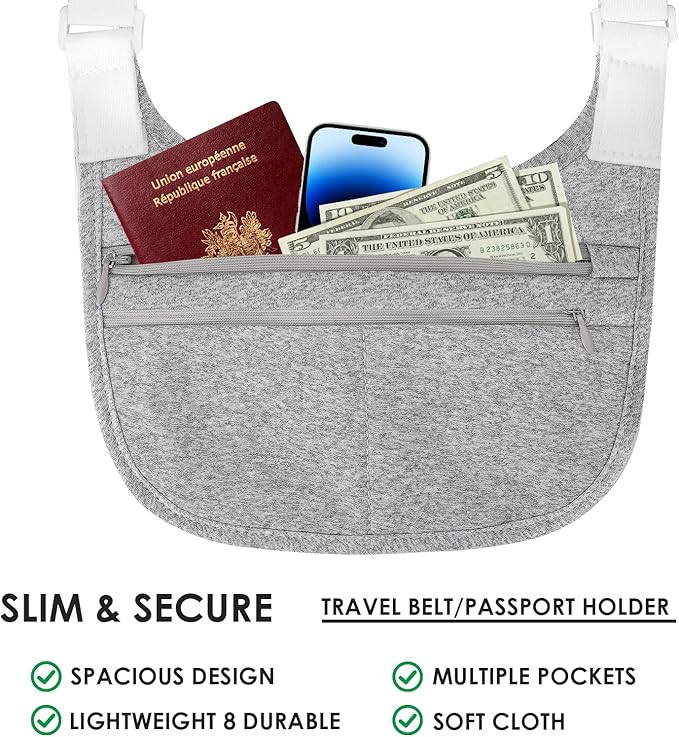 Travel Money Belt Cashsafe Anti Theft Travel Wallet, Fanny Packs for Passport Holder Hidden Under Clothes, Running Bag to Carry Phone Keys (Grey)