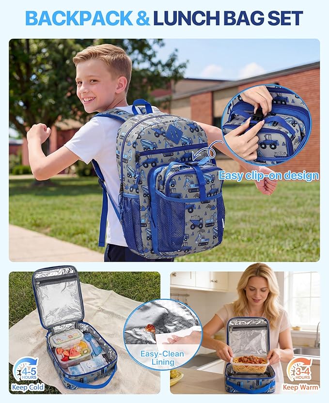 VASCHY Boy Kids Backpack & Lunch Bag Set, 2-in-1 School Bookbag with Insulated Lunch Box for Preschool, Daycare, Kindergarten & Elementary School – Construction Trucks