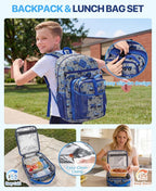 VASCHY Boy Kids Backpack & Lunch Bag Set, 2-in-1 School Bookbag with Insulated Lunch Box for Preschool, Daycare, Kindergarten & Elementary School – Construction Trucks