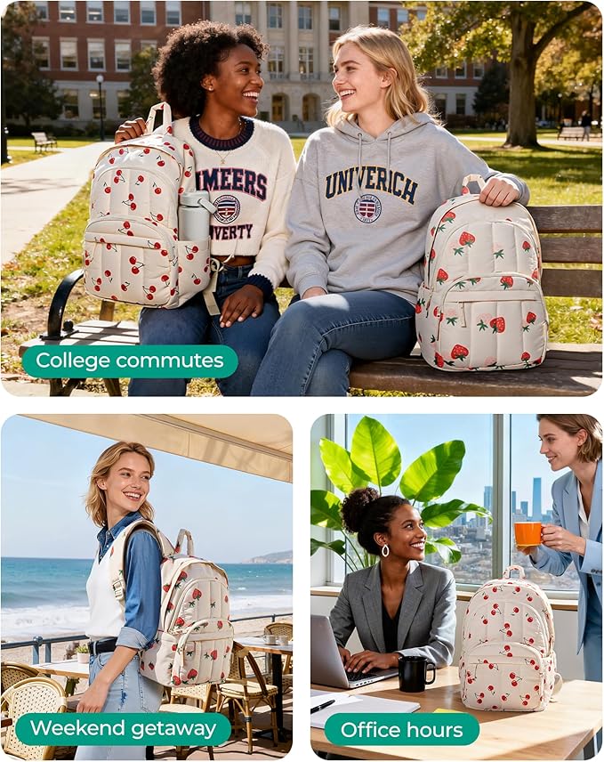 BAGSMAT Womens Backpack Small Travel Laptop Backpack for Women, Quilted College Laptop Bookbag, Work Back Pack for Women, Cute Computer Water-Resistant Casual Daypack,Strawberry Print