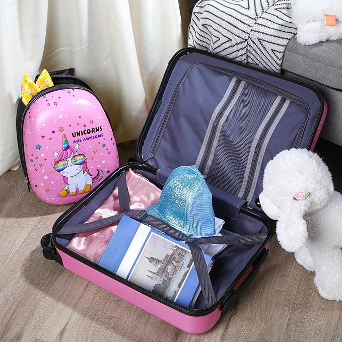 Weewooday Kids Luggage and Backpack 18 Suitcase with Spinner Wheel Hard Case Travel 13 Backpack Girl Suitcase Set for Kids Travel Supplies(Pink,Unicorn Style)