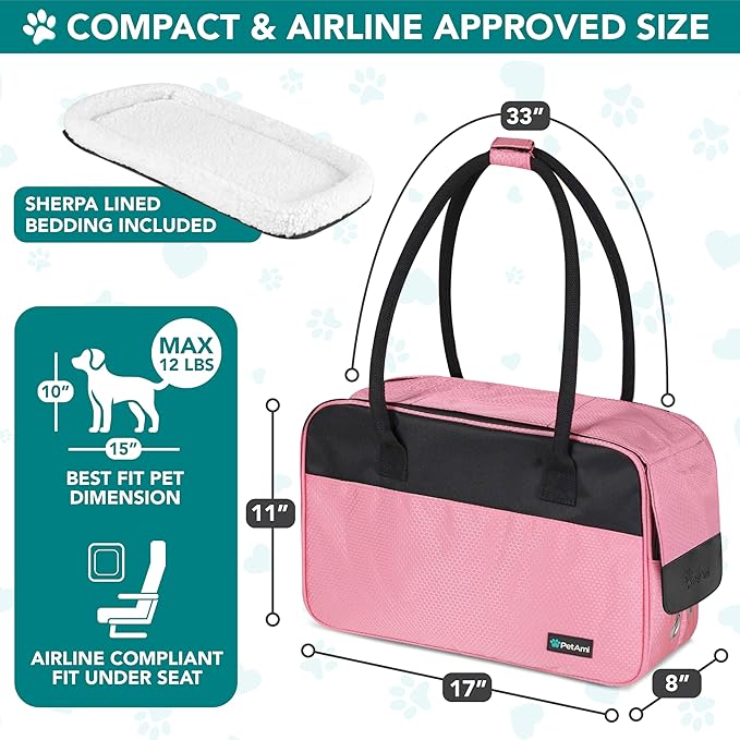 PetAmi Dog Purse Carrier for Small Dogs Cats, TSA Airline Approved Soft-Sided Pet Carrier with Pockets, Ventilated Travel Tote Bag with Bed & Shoulder Strap, Puppy Kitten, Max 12 lbs, Pink