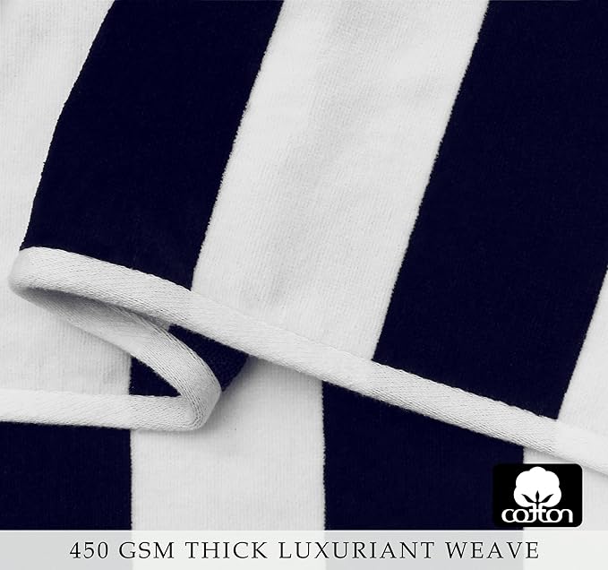 COTTON CRAFT Hooded Beach Towel – Oversized 35 x 70 Towel with Hood for Adults - 100% Cotton Velour Dobby Terry Towel - 450 GSM Pool Bath Wrap - Soft Absorbent Quick Dry – Cabana Stripe Navy