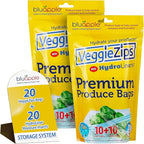 Bluapple VeggieZips Premium Produce Storage System - 40 Piece Set, 20 Food Saver Bags + 20 HydroLiners, Keep Produce Fresh Longer, Washable & Reusable Bags with Humidity Control for Fruit & Vegetables
