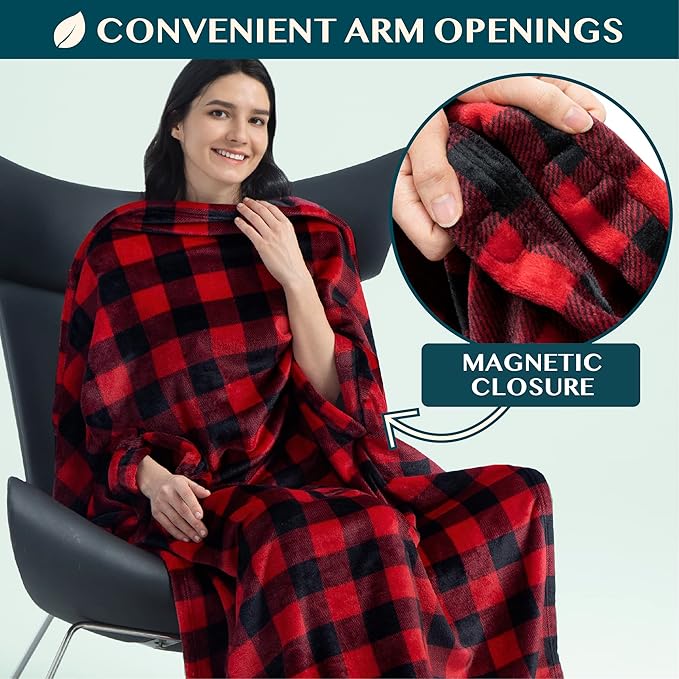 PAVILIA Travel Blanket and Pillow, Arms Opening Airplane Blankets for Adults, Compact Plane Blanket with Arm Hole 2-in-1 Bag for Flight Car Camping Luggage Backpack Traveler Gift, Checkered Red