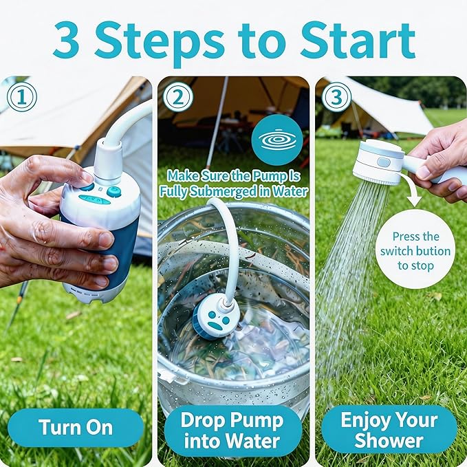 Portable Camping Shower Pump - Rechargeable Outdoor Shower Head Sprayer, Pumps Water from Bucket. Experience Refreshment Anywhere, Perfect for Camping, Hiking, Travel, Car Washing & Pet Cleaning