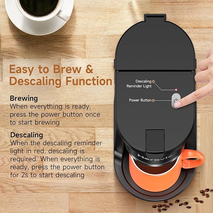 Horavie Small Single Serve Coffee Maker, Fast Brew One Cup Coffee Machine for K Cup and Grounds, 6 to 12 oz. Brew Sizes, Pod Coffee Maker with Descaling Reminder and Viewing Tank, Black