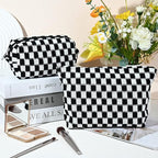 SOIDRAM 2 Pieces Black Makeup Bag Large Checkered Cosmetic Bag Capacity Canvas Mix Travel Toiletry Bag Organizer Cute Makeup Brushes Aesthetic Accessories Storage Bag for Women, Checkered Mix Black