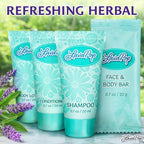 LavaPop - Travel Size Hotel Toiletries Bundle - Iris, Violet & Amber, 0.7 oz each, 200 Pcs - 4-Piece Set: 50 Rectangular Bar Soap, 50 Shampoo, 50 Conditioner & 50 Body Lotion - Bulk Small Toiletries