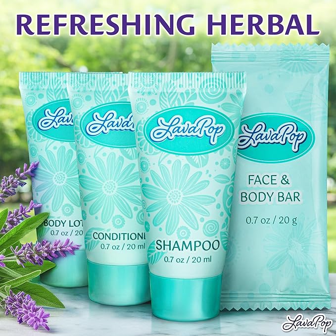 LavaPop - Travel Size Hotel Toiletries Bundle - Iris, Violet & Amber, 0.7 oz each, 200 Pcs - 4-Piece Set: 50 Rectangular Bar Soap, 50 Shampoo, 50 Conditioner & 50 Body Lotion - Bulk Small Toiletries