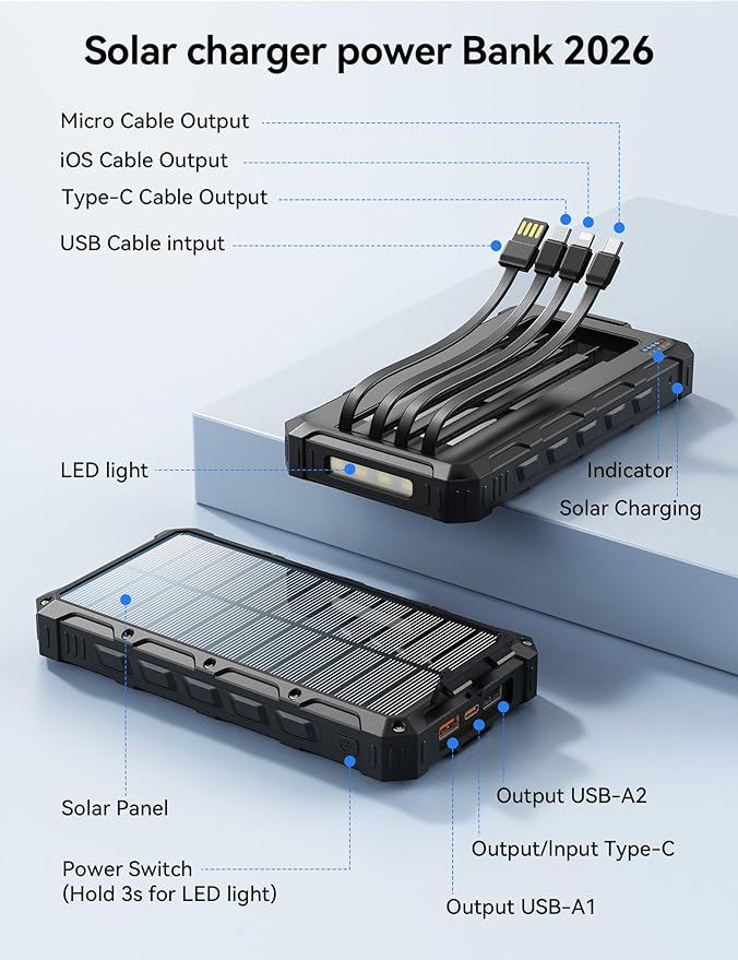 Solar-Charger-Power-Bank - 20000mah Solar Powered Battery Charger Cell Phone,20W Fast Charging Built in Cables,Camping Essentials Portable External Battery Pack Compatible with Multiple Devices