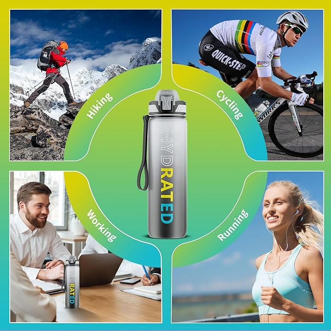 QLUR Water Bottle with Straw, 32oz Motivational Water Bottles with Time Marker to Drink, Tritan BPA Free, 1L Sports Water Bottle with Carry Strap LeakProof for Women Gym Fitness Outdoor (1 Pack)