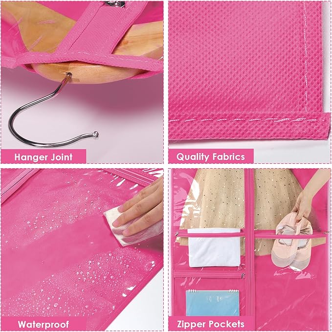 Univivi Dance Costume Bags Garment Bag 40 Inch Hanging Clothes for Dance Competitions, with 3 Medium Clear Zipper Pockets for Dance Costumes, Closet Storage (Rose Red) - 8 Pack