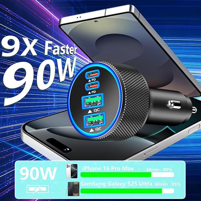 [Apple MFi Certified] iPhone 17 Car Charger Fast Charging, KYOHAYA 4-Port 90W USB-C&USB-A Power Cigarette Lighter PD/QC USB-C Car Charger + Type-C Braided Cord for iPhone 17/17 Pro/16/15/Galaxy/Pixel