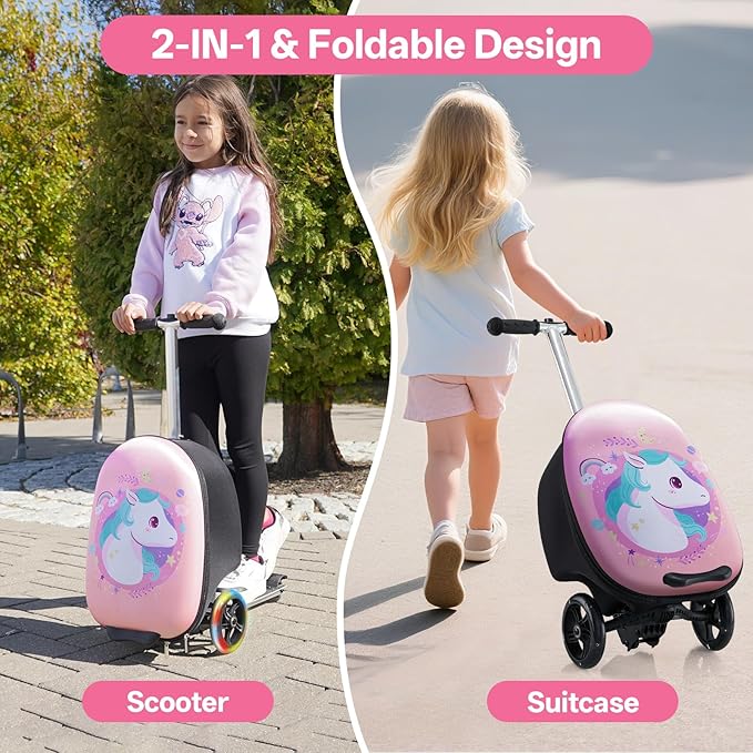 2-in-1 Kids Scooter Suitcase, 19in Large Capacity Ride-On Luggage with LED Light Wheels, Lightweight Carry-On for Fun and Travel, Durable and Cute Patterns Design for Children