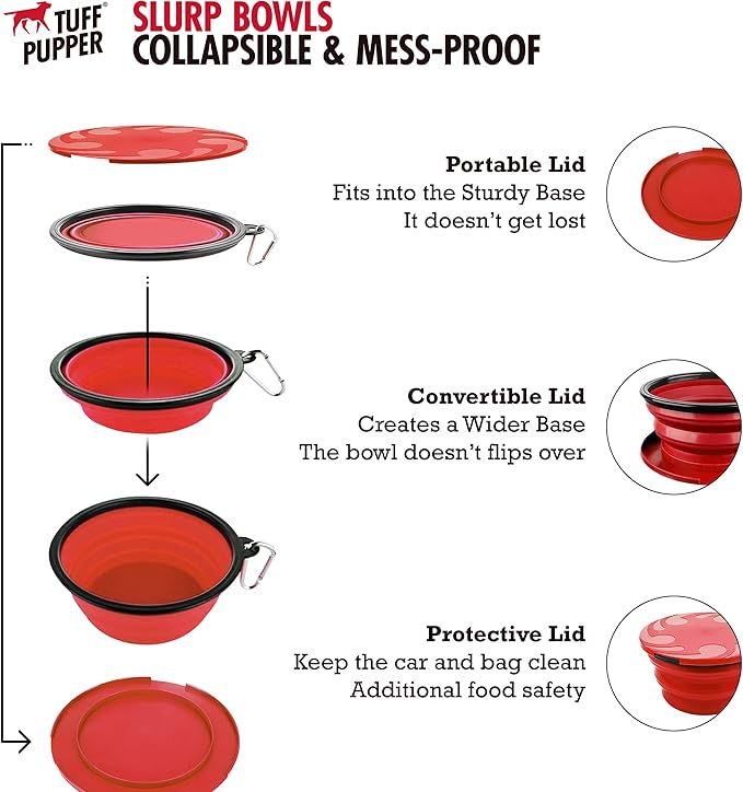 Tuff Pupper SuperBigSlurp Collapsible Dog Bowls | Two Pack Red Bowls | 40oz Extra Large Capacity | Portable, Food Safe, Odorless | Non-Toxic Silicone