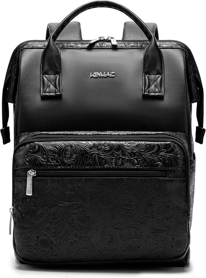 Kinmac Wide Open Style Laptop Backpack for Laptop Up to 15.6 Inch Men Women Travel Outdoor Backpack (Paisley Black PU)