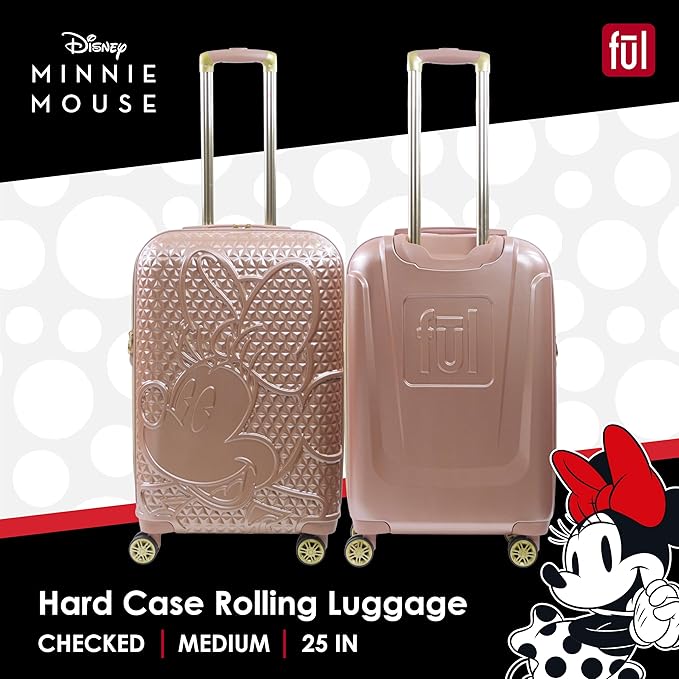 FUL Disney Minnie Mouse 25 Inch Rolling Luggage, Textured Hardshell Suitcase with Wheels, Rose Gold