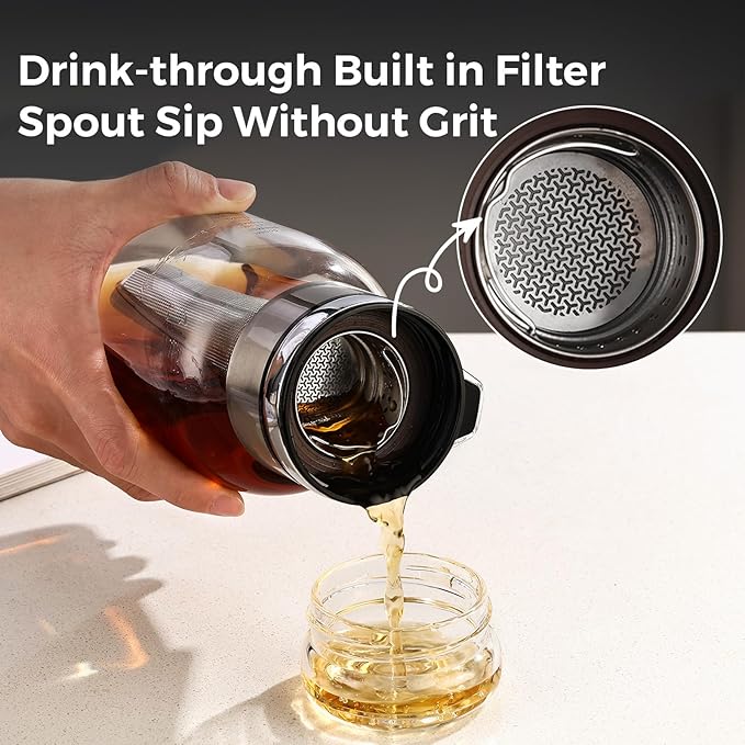 Bincoo Glass Cold Brew Coffee Maker with Extended Fine Mesh Filter, Tea Infuser Bottle Iced Coffee Maker with Thick Borosilicate Glass (500ml/17oz)