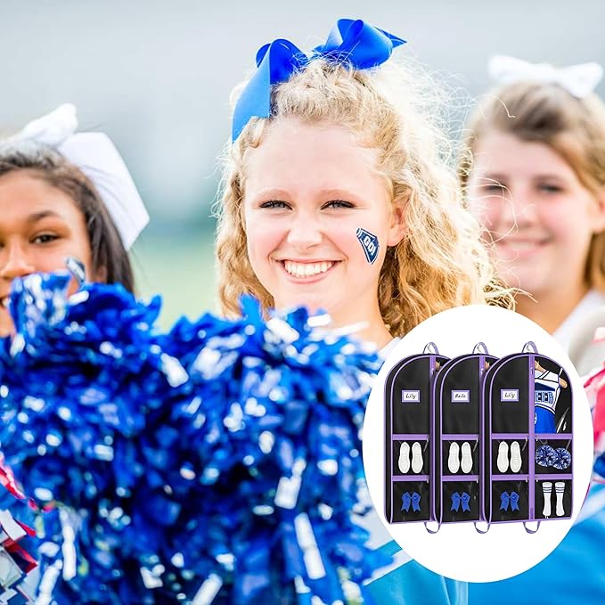 MISSLO Dance Garment Bags for Dancers with 4 Pockets Garment Bags for Dance Costumes 40" Cheer Uniform Garment Bag Hanging Kids Garment Bag for Recital, Competition, Travel, Storage, 3 Packs