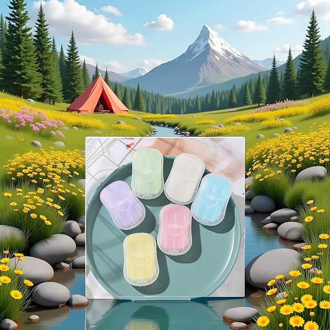 50Pcs Blue Portable Soap Sheets,Water Soluble Hand Washing Bath Scented Paper Camping Soap and Shampoo for Outdoor,Camping Hiking Mini Portable Travel Paper Sheets Disposable Personal Care
