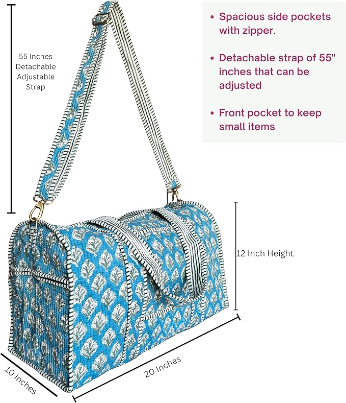 ATOSII Handblock Print 100% Cotton Large Quilted Duffle Bag for Overnight Trip, Travel Weekend Bag, Luggage, 2 Pockets with Zipper, 1 Front Pocket, Detachable Long Strap, 20 X 10 X 12 Inches, Nilo