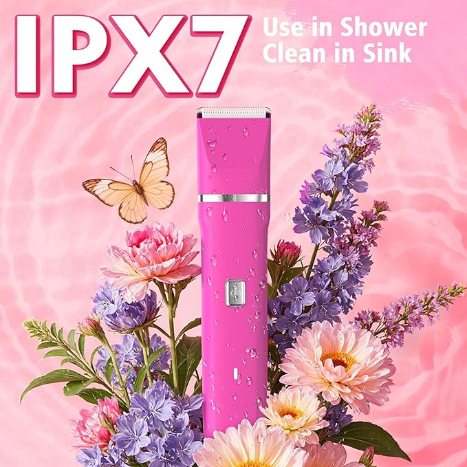 Bikini Trimmer for Women - IPX7 Waterproof Pubic Hair Remover for Shower & Travel, 3-in-1 Bikini Trimmer with Body/Round/Curved Heads, Hypoallergenic Foil & Ceramic Blades, Self-Care Gifts for Women