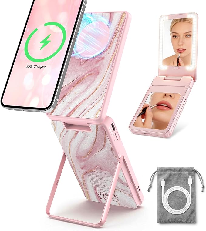 5-in-1 Magnetic Power Bank, 5000mAh Portable Wireless Charger with Mirror, Stand, Bluetooth Remote & Card Holder, MagSafe Compatible Travel Essential for iPhone & Samsung, USB-C Cable Included